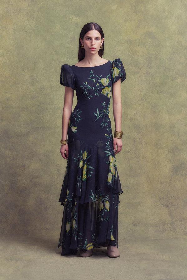 de la vali ANETTA MIDI DRESS IN PRIMAVERA - BLACK CHIFFON