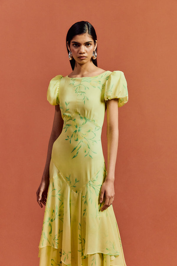 De La Vali ANETTA MIDI DRESS IN PRIMAVERA - YELLOW CHIFFON