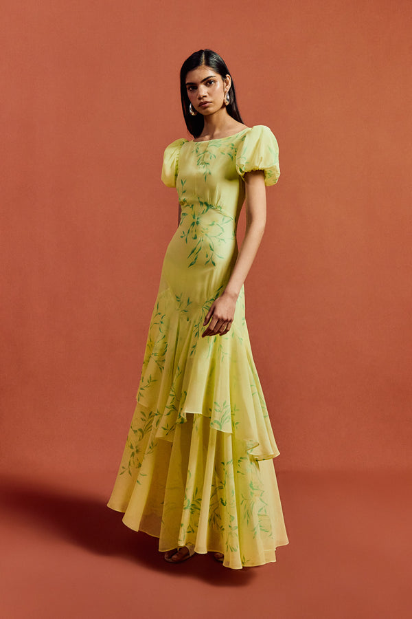 De La Vali ANETTA MIDI DRESS IN PRIMAVERA - YELLOW CHIFFON