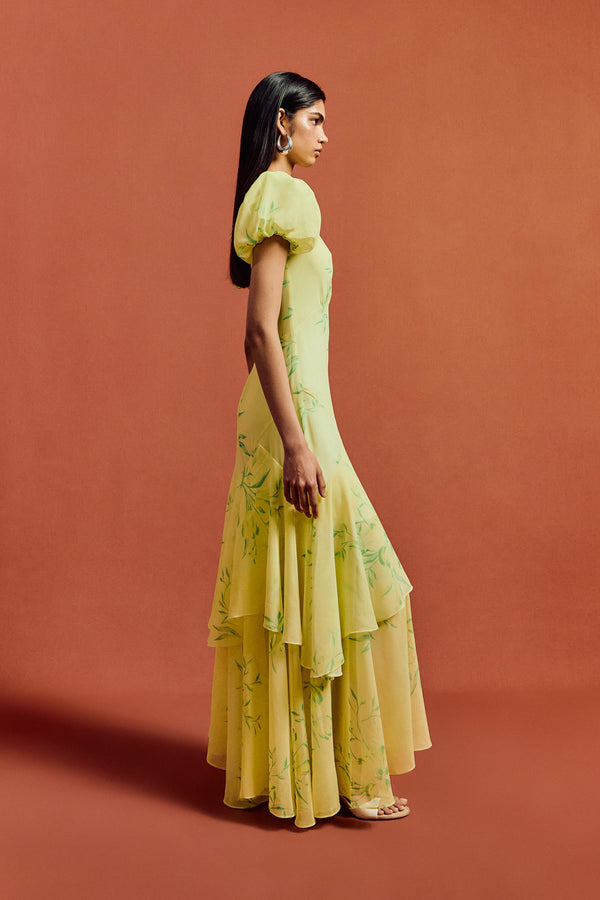 De La Vali ANETTA MIDI DRESS IN PRIMAVERA - YELLOW CHIFFON