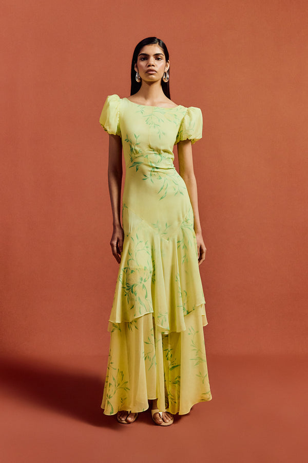 de la vali ANETTA MIDI DRESS IN PRIMAVERA - YELLOW CHIFFON