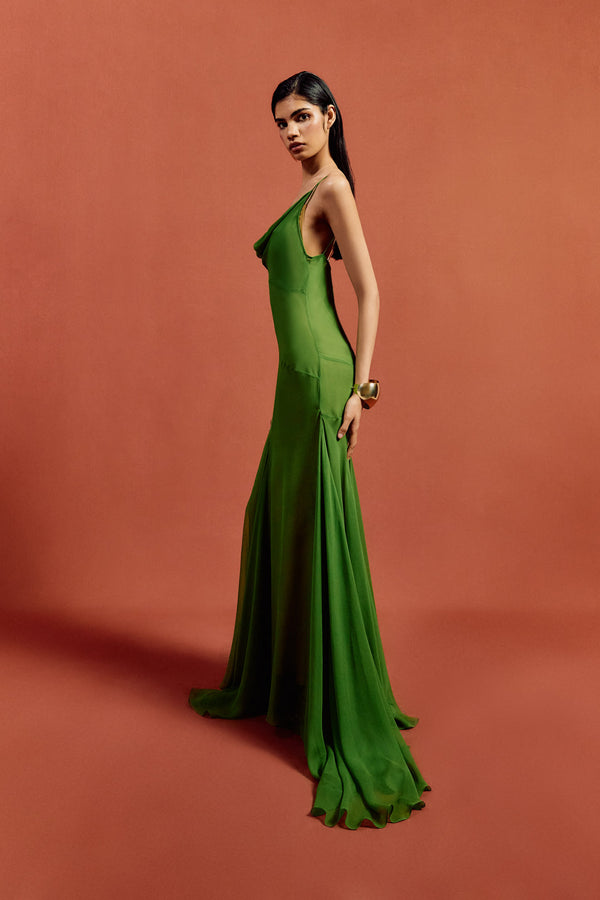 De La Vali ATTICA MAXI DRESS IN FOREST GREEN SILK CHIFFON