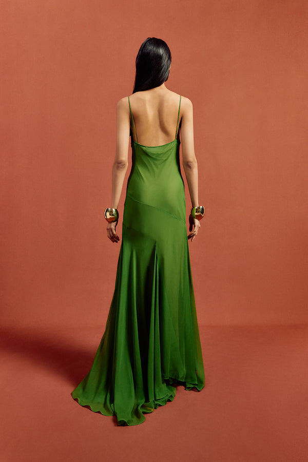 De La Vali ATTICA MAXI DRESS IN FOREST GREEN SILK CHIFFON