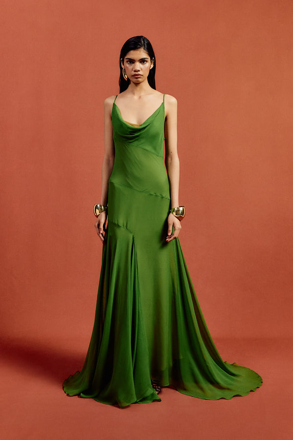 de la vali ATTICA MAXI DRESS IN FOREST GREEN SILK CHIFFON