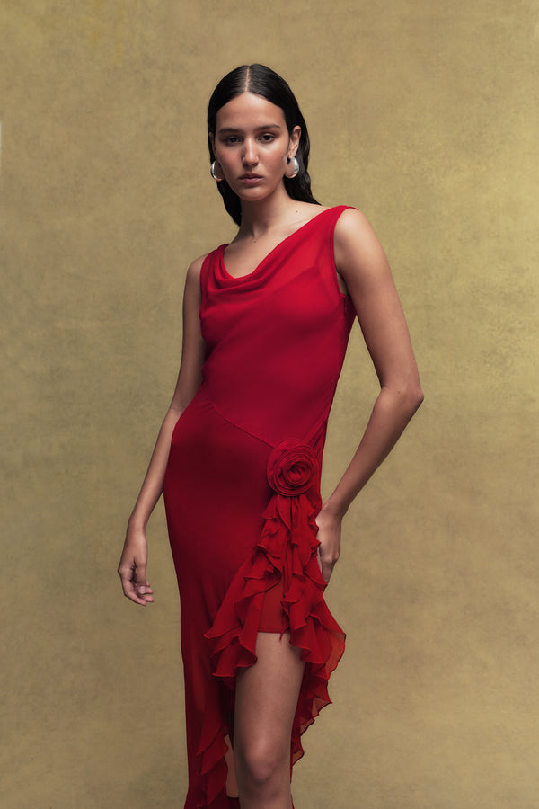 De La Vali AZURA SILK CHIFFON LONG DRESS IN SCARLET