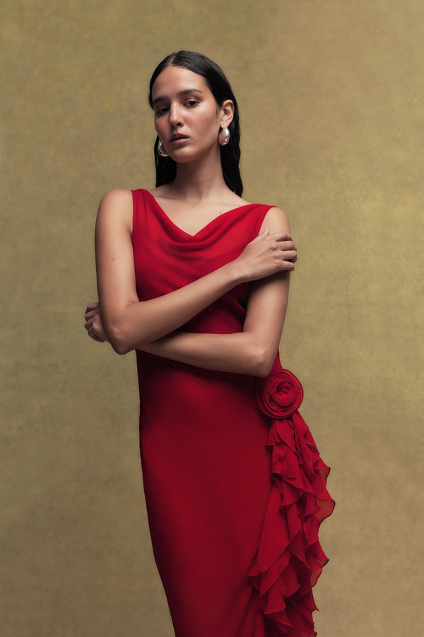 De La Vali AZURA SILK CHIFFON LONG DRESS IN SCARLET