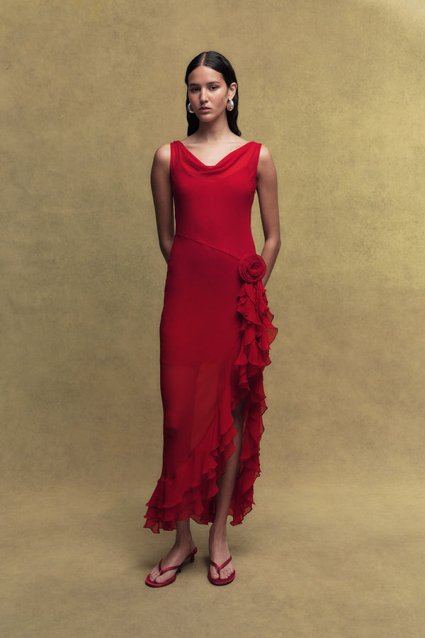 de la vali AZURA SILK CHIFFON LONG DRESS IN SCARLET