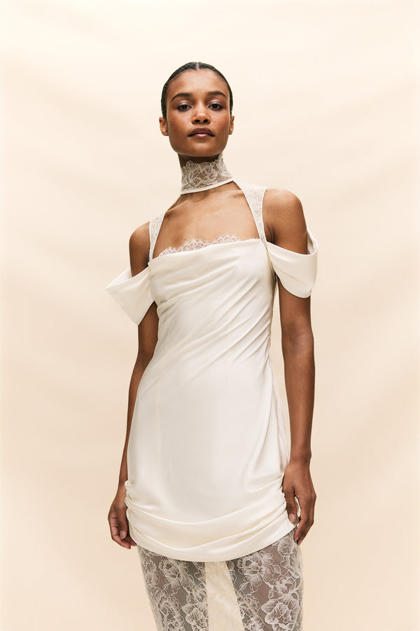 De La Vali BELLEZA MAXI DRESS IN IVORY SILK SATIN AND LACE
