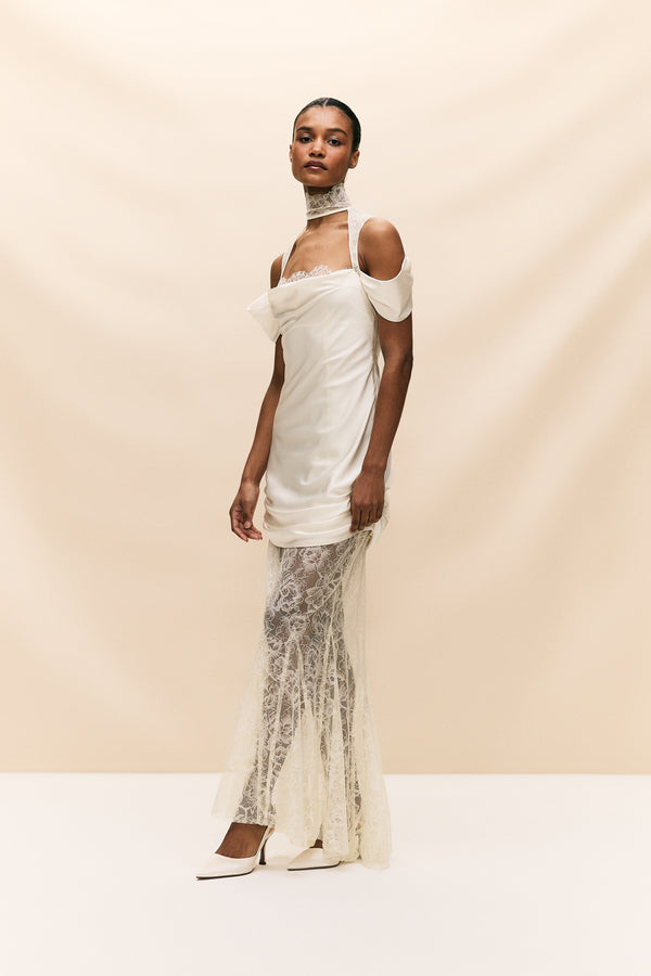 De La Vali BELLEZA MAXI DRESS IN IVORY SILK SATIN AND LACE