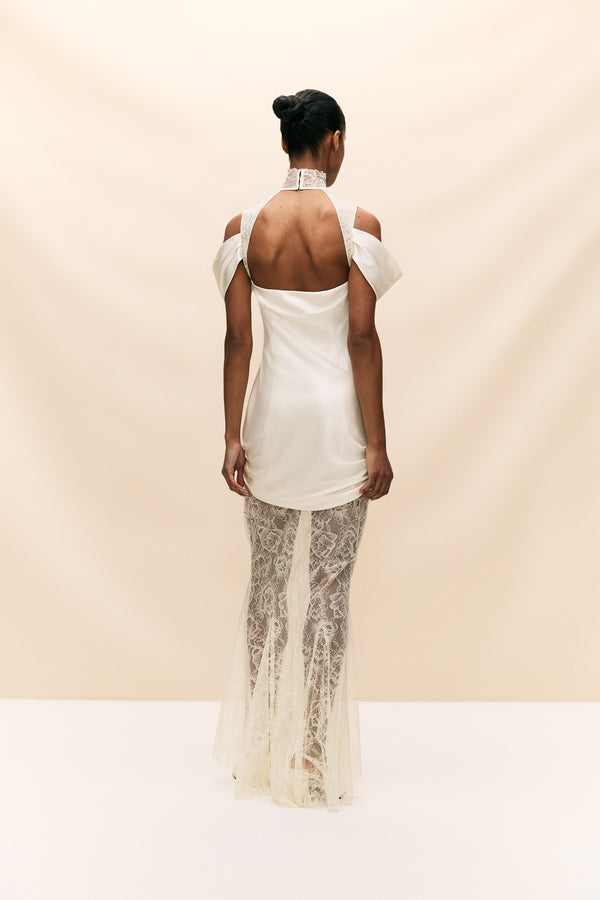 De La Vali BELLEZA MAXI DRESS IN IVORY SILK SATIN AND LACE
