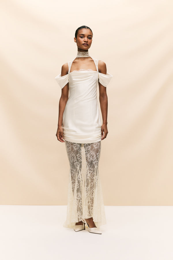 de la vali BELLEZA MAXI DRESS IN IVORY SILK SATIN AND LACE