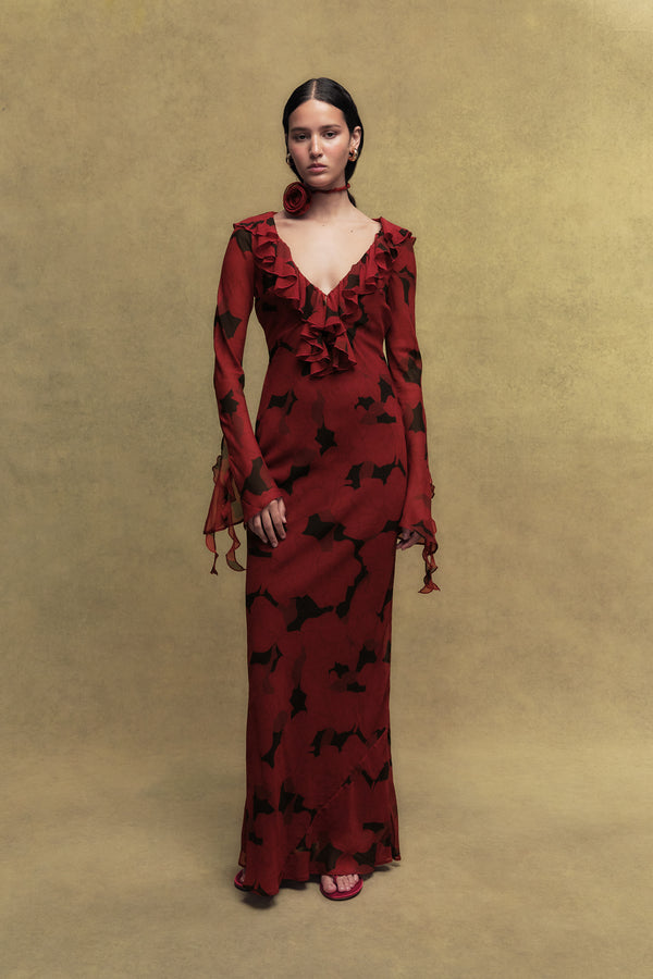 De La Vali BISCOTTI SILK CHIFFON LONG DRESS IN SCARLET MAGNOLIA PRINT