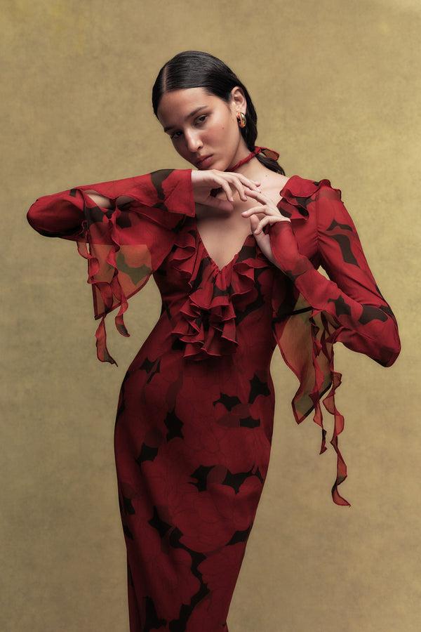De La Vali BISCOTTI SILK CHIFFON LONG DRESS IN SCARLET MAGNOLIA PRINT