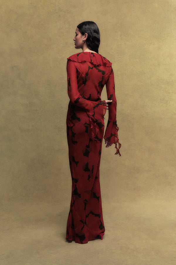 De La Vali BISCOTTI SILK CHIFFON LONG DRESS IN SCARLET MAGNOLIA PRINT