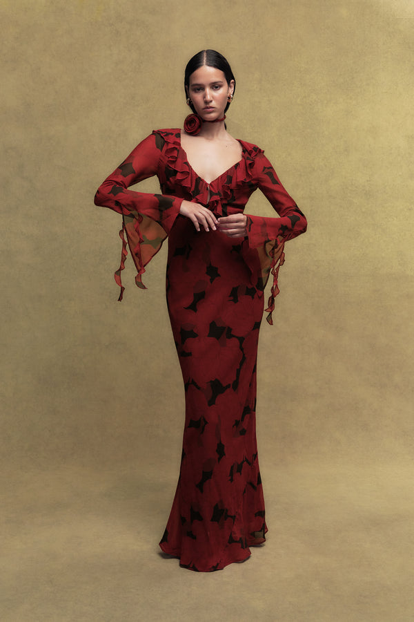 de la vali BISCOTTI SILK CHIFFON LONG DRESS IN SCARLET MAGNOLIA PRINT