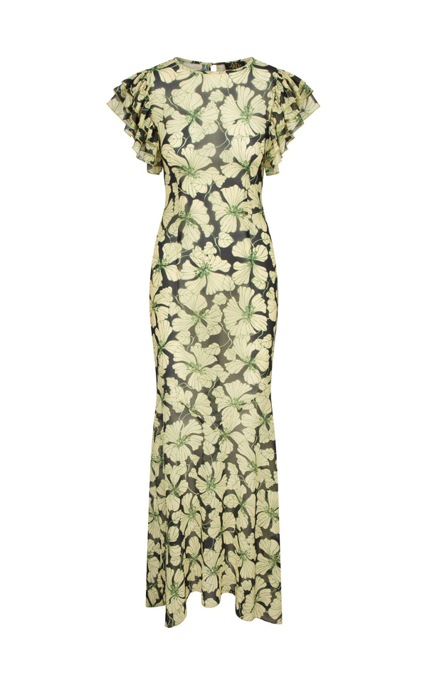 De La Vali BOUGAINVILLEA CHIFFON MAXI DRESS IN ART DECO FLORAL