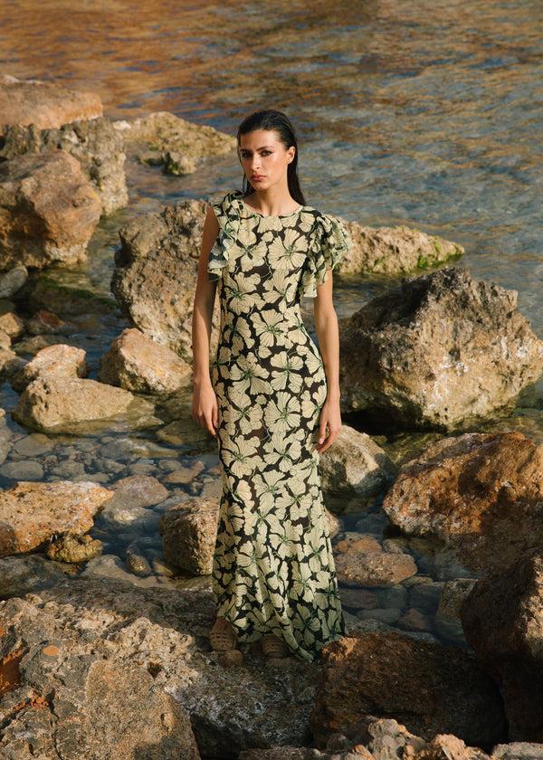 De La Vali BOUGAINVILLEA CHIFFON MAXI DRESS IN ART DECO FLORAL