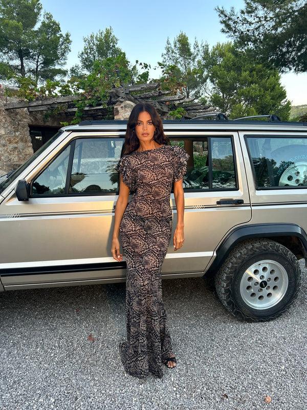 De La Vali BOUGAINVILLEA CHIFFON MAXI DRESS IN FEATHER PRINT