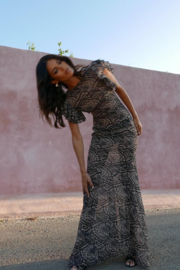 de la vali BOUGAINVILLEA CHIFFON MAXI DRESS IN FEATHER PRINT