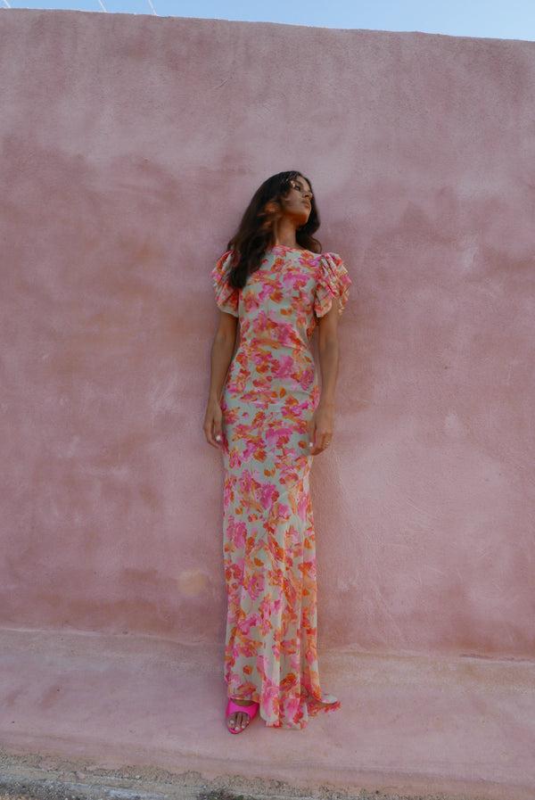 De La Vali BOUGAINVILLEA CHIFFON MAXI DRESS IN SAGE FLORAL