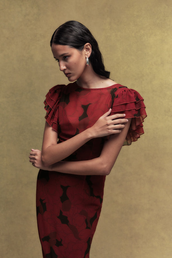 De La Vali BOUGAINVILLEA CHIFFON MAXI DRESS IN SCARLET MAGNOLIA PRINT