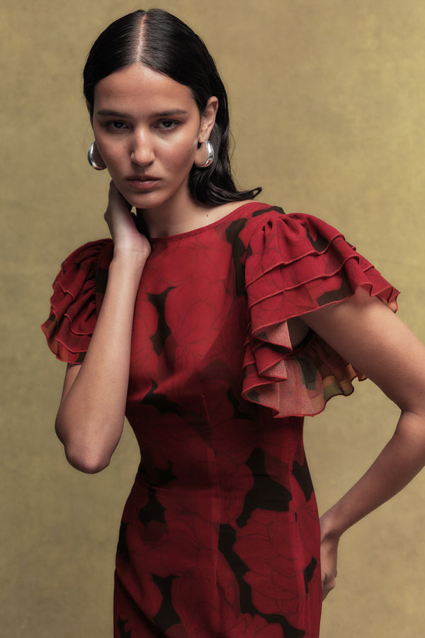 De La Vali BOUGAINVILLEA CHIFFON MAXI DRESS IN SCARLET MAGNOLIA PRINT