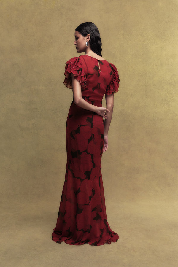De La Vali BOUGAINVILLEA CHIFFON MAXI DRESS IN SCARLET MAGNOLIA PRINT