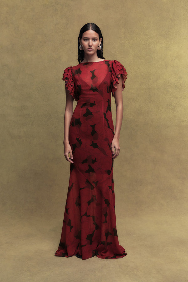 de la vali BOUGAINVILLEA CHIFFON MAXI DRESS IN SCARLET MAGNOLIA PRINT
