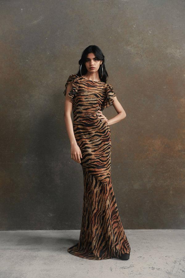 De La Vali BOUGAINVILLEA MAXI DRESS IN SALVAJE ANIMAL PRINT CHIFFON