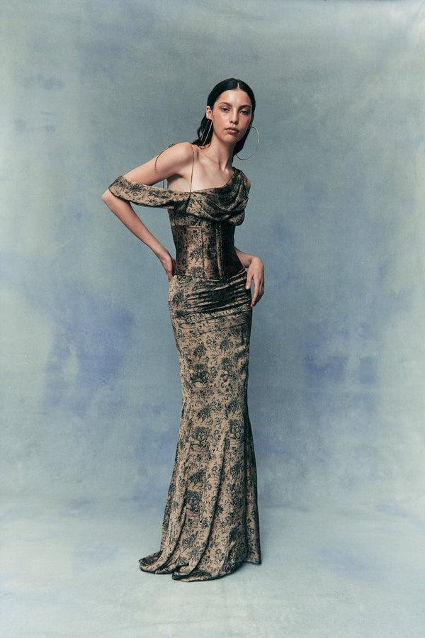 de la vali BRULEE MAXI DRESS IN SILK SATIN SON OF VENUS PRINT