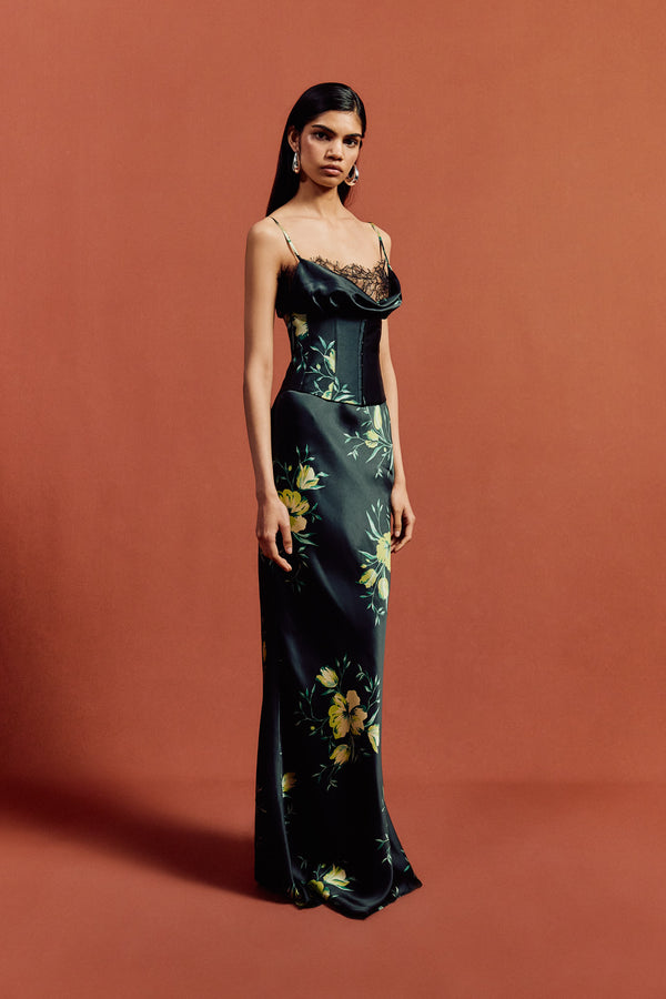 De La Vali CLEODORA MAXI DRESS IN PRIMAVERA - BLACK SILK SATIN & LACE