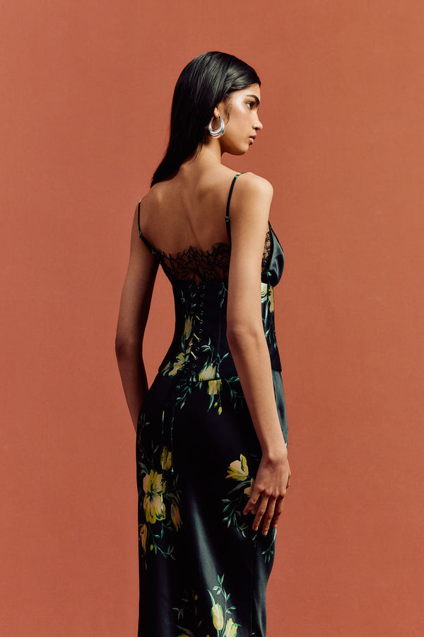 De La Vali CLEODORA MAXI DRESS IN PRIMAVERA - BLACK SILK SATIN & LACE