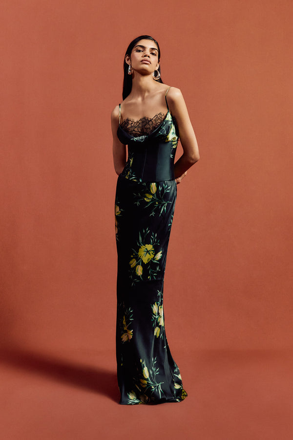 de la vali CLEODORA MAXI DRESS IN PRIMAVERA - BLACK SILK SATIN & LACE