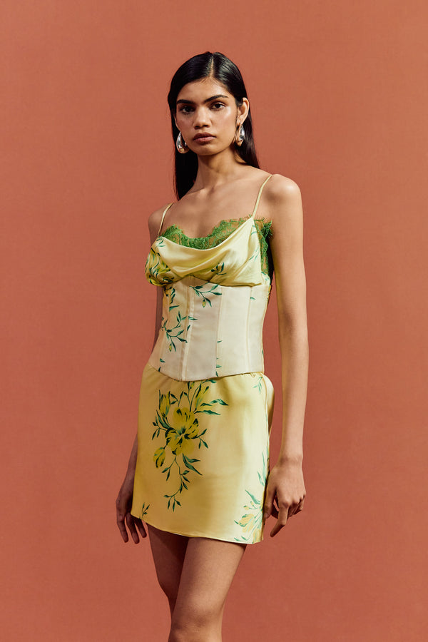 De La Vali CLEODORA MINI DRESS IN PRIMAVERA - YELLOW SILK SATIN LACE