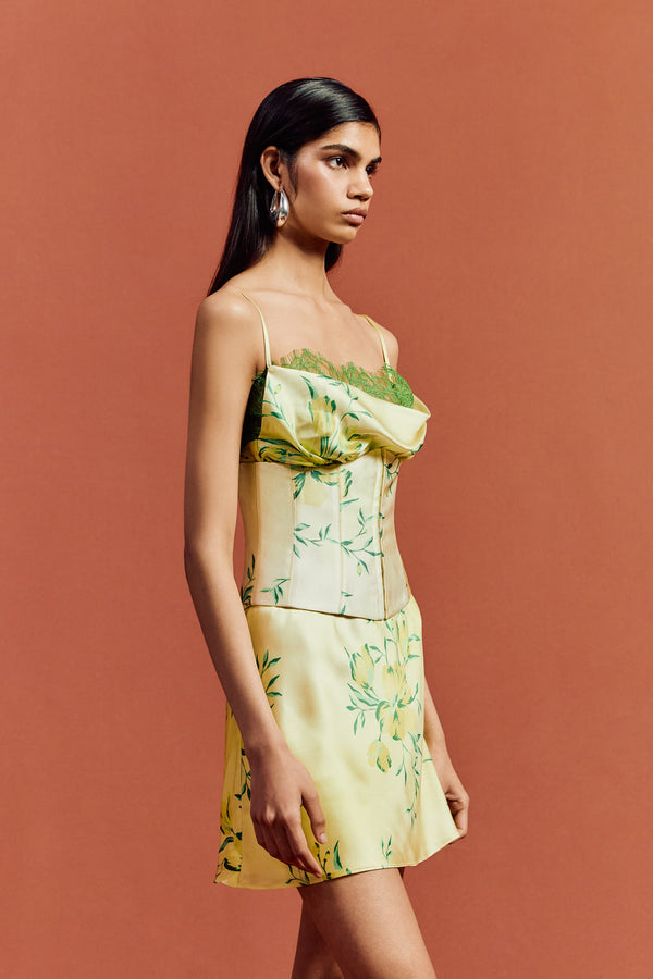 De La Vali CLEODORA MINI DRESS IN PRIMAVERA - YELLOW SILK SATIN LACE