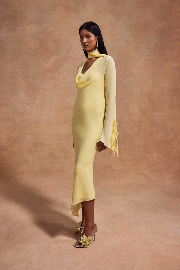 De La Vali CRISTOBAL MIDI DRESS IN SHERBET YELLOW CHIFFON
