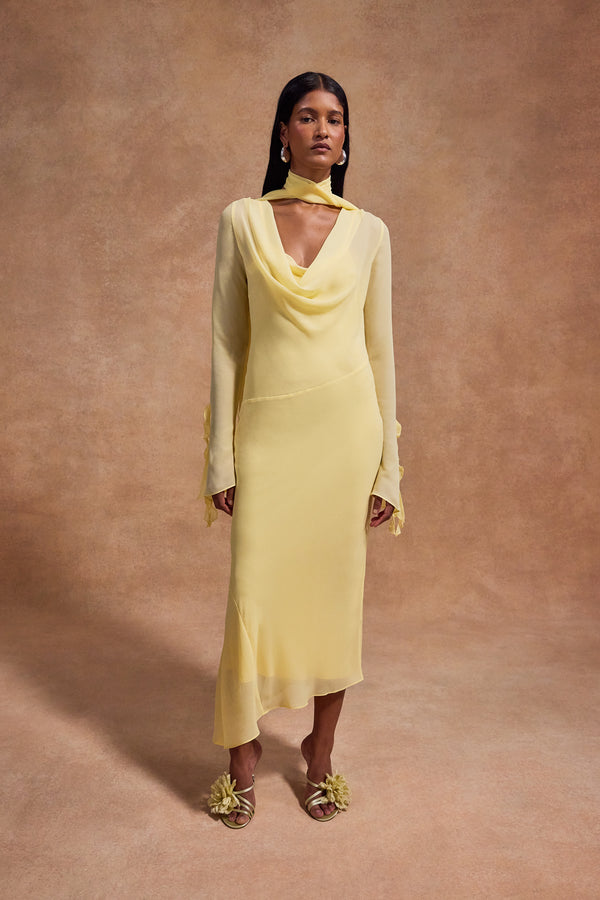 De La Vali CRISTOBAL MIDI DRESS IN SHERBET YELLOW CHIFFON