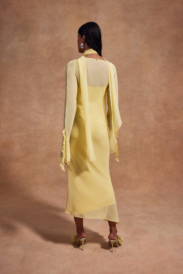 De La Vali CRISTOBAL MIDI DRESS IN SHERBET YELLOW CHIFFON