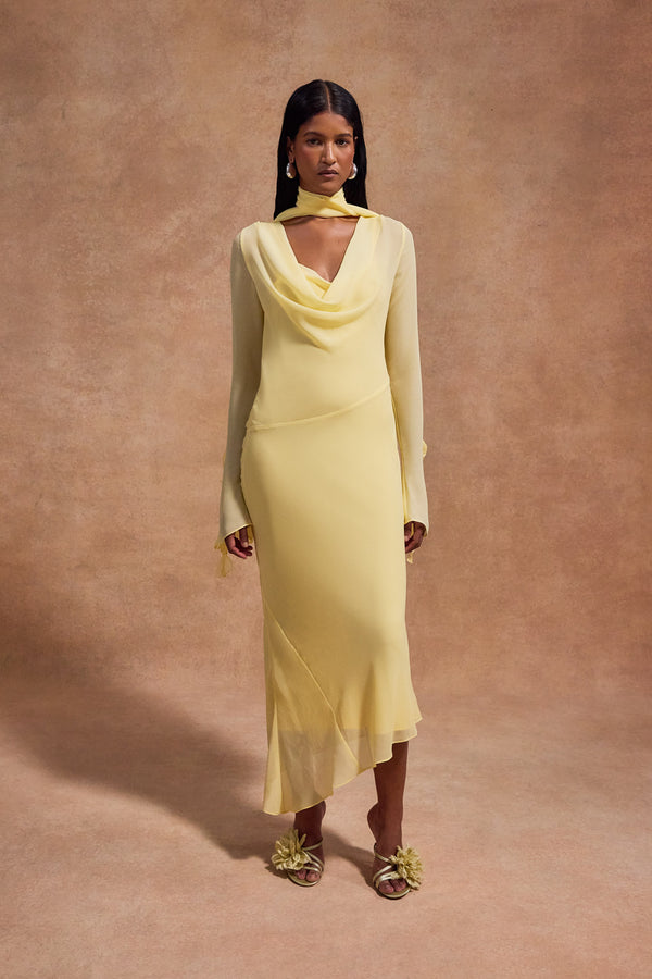 de la vali CRISTOBAL MIDI DRESS IN SHERBET YELLOW CHIFFON