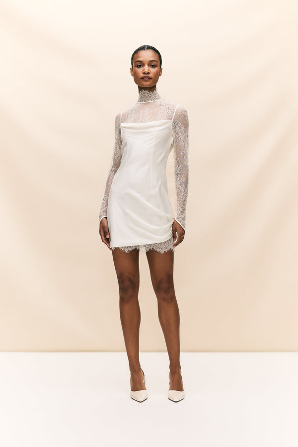 De La Vali CROISSANT MINI DRESS IN IVORY SILK SATIN AND LACE