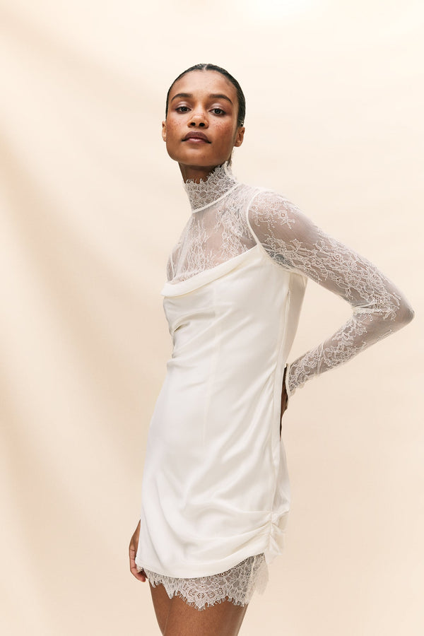 De La Vali CROISSANT MINI DRESS IN IVORY SILK SATIN AND LACE