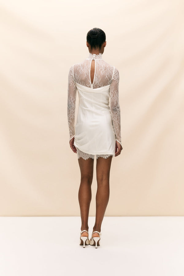 De La Vali CROISSANT MINI DRESS IN IVORY SILK SATIN AND LACE
