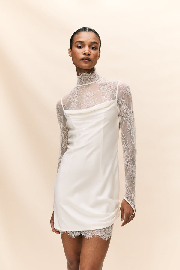 de la vali CROISSANT MINI DRESS IN IVORY SILK SATIN AND LACE