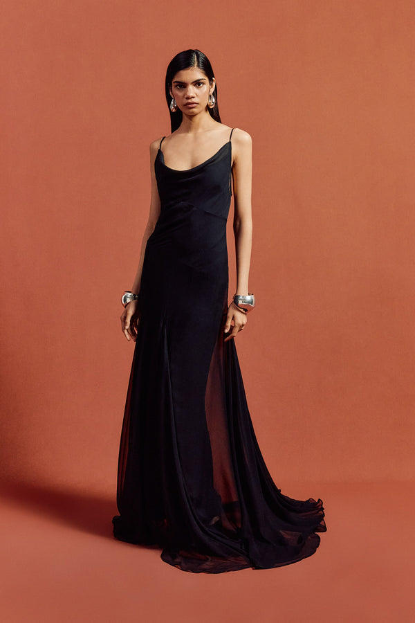 De La Vali ATTICA MAXI DRESS IN BLACK SILK CHIFFON