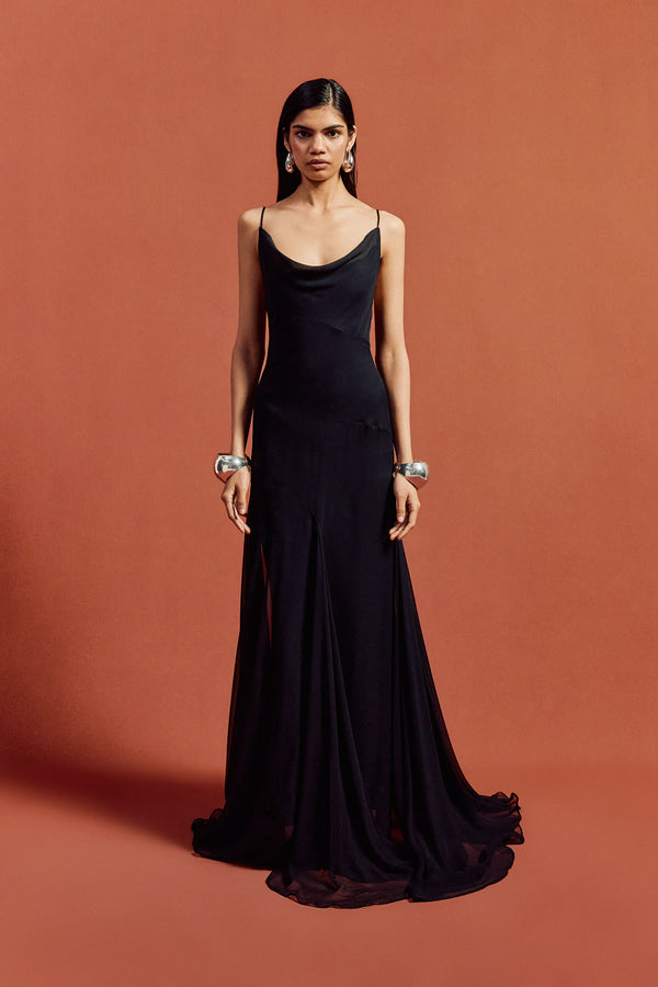 de la vali ATTICA MAXI DRESS IN BLACK SILK CHIFFON