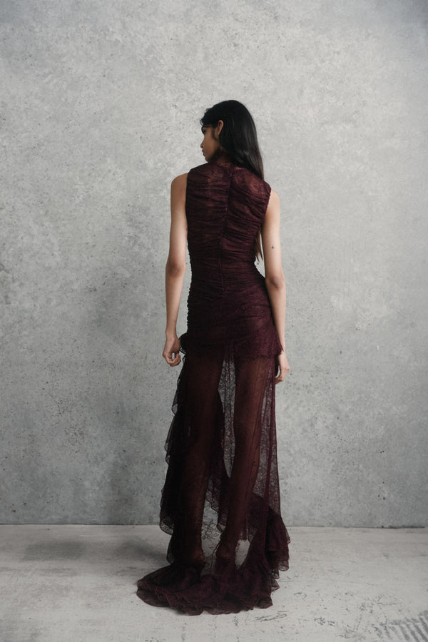 De La Vali AUSTERE MAXI DRESS IN MAROON LACE