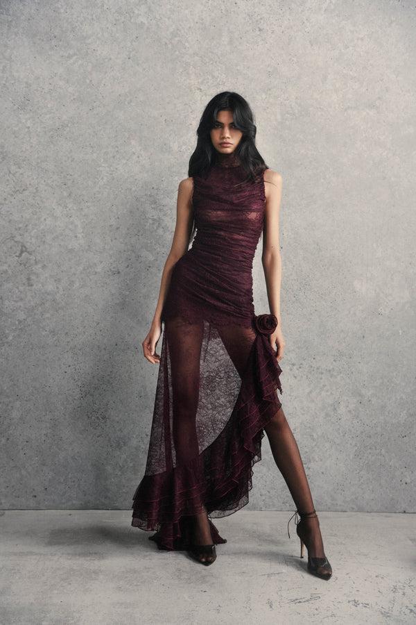De La Vali AUSTERE MAXI DRESS IN MAROON LACE