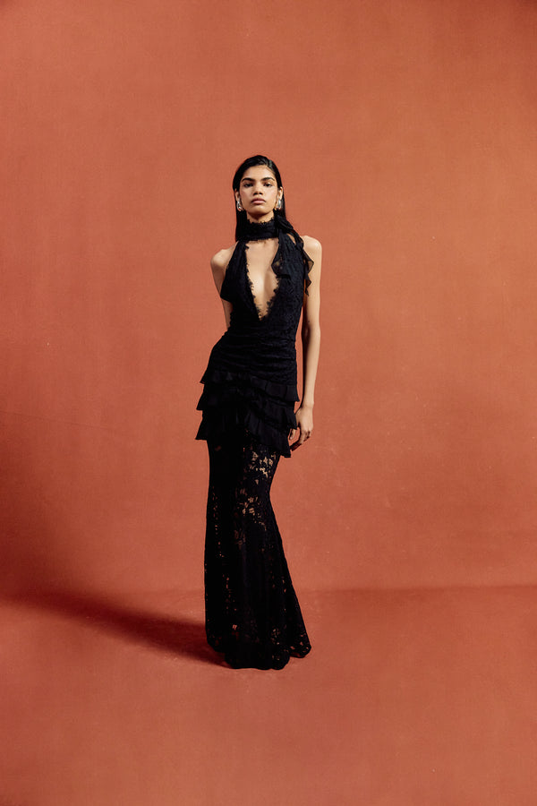 De La Vali BONITA MAXI DRESS IN BLACK COTTON LACE