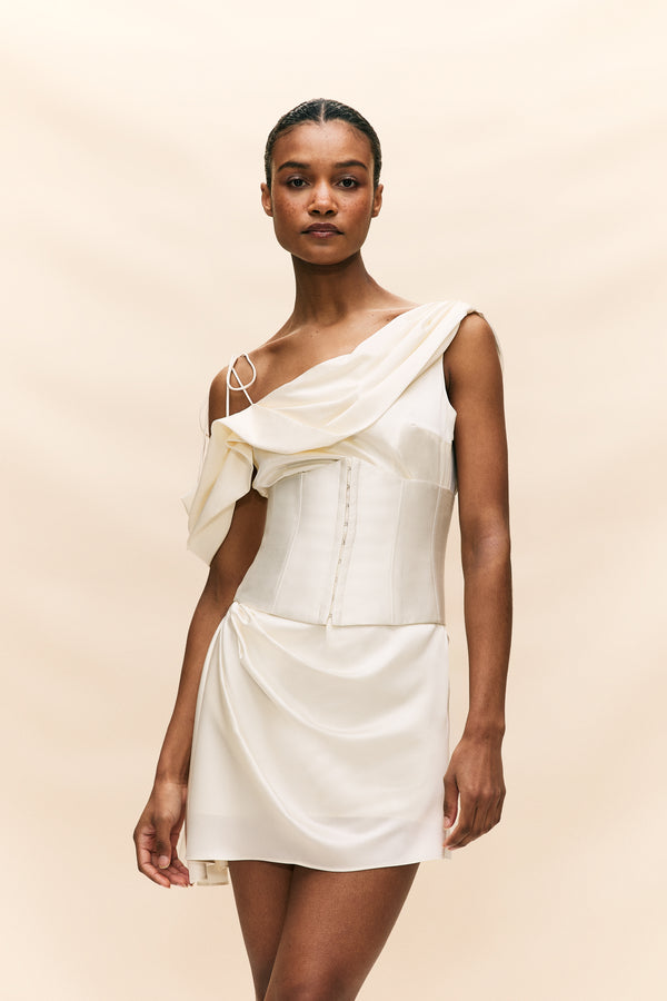 De La Vali BRULEE MINI DRESS IN IVORY SILK SATIN