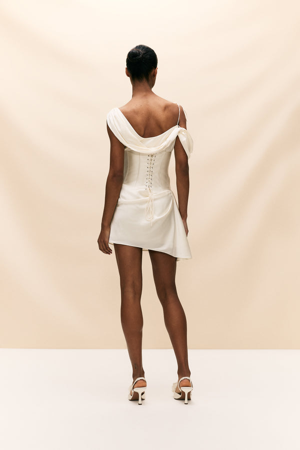 De La Vali BRULEE MINI DRESS IN IVORY SILK SATIN